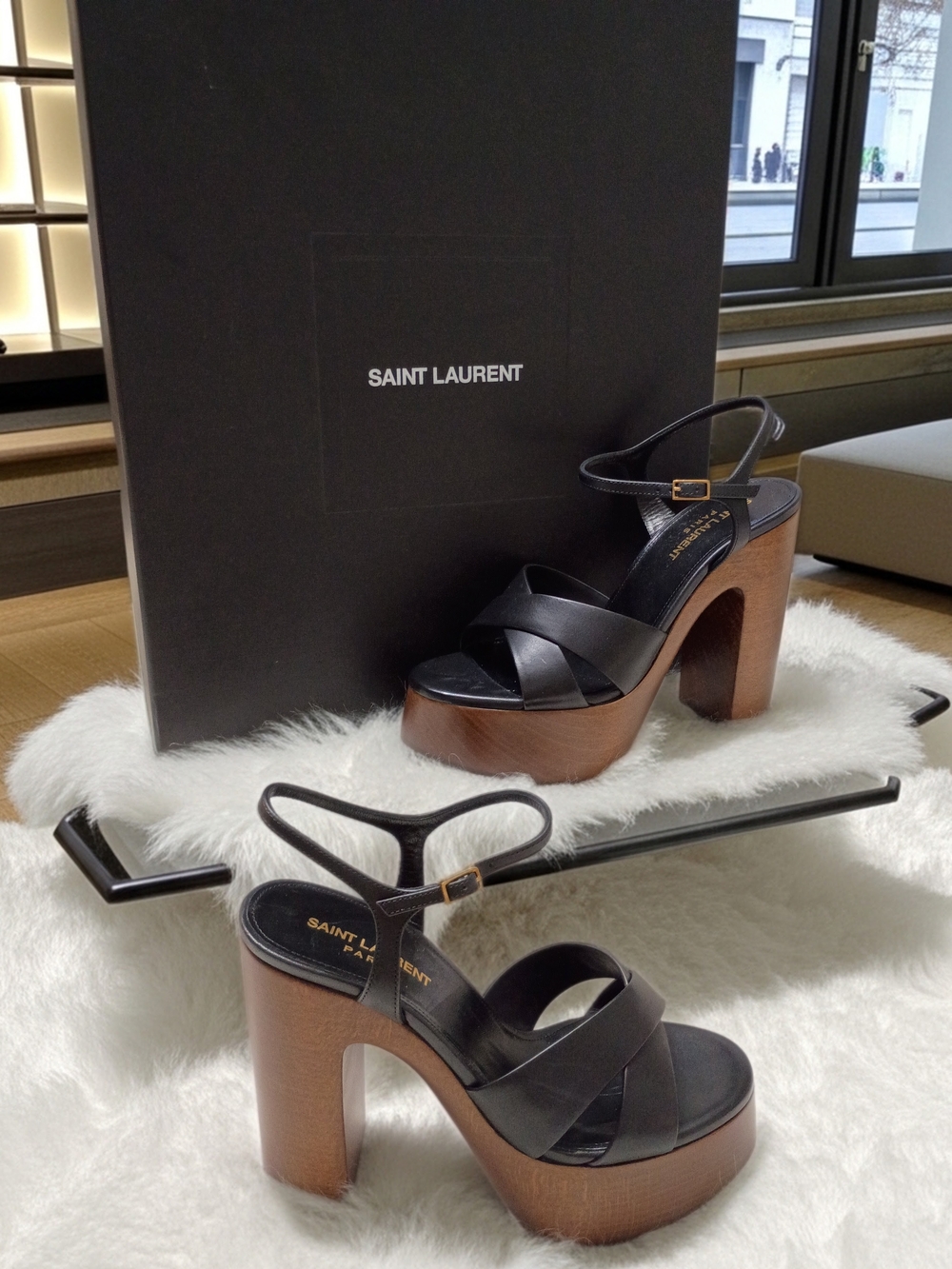 New Saint Laurent Bianca Black Leather Platform Sandals